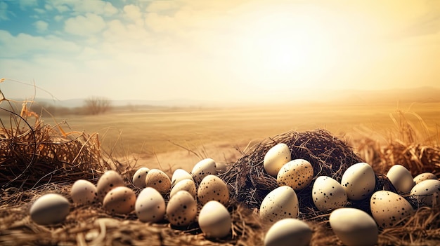 A flock of eggs in a nest with the sun in the background