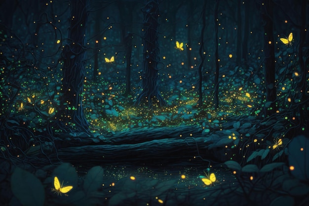 A flock of fireflies in the fairy forest Beautiful colorful 3d picture Generative AI