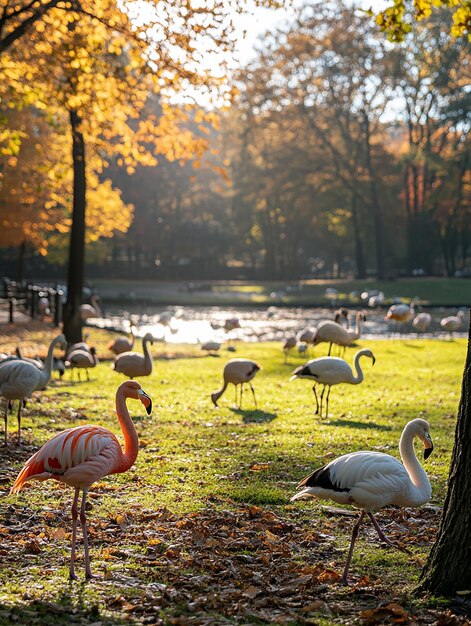 Photo a flock of flamingos are standing in a grassy area