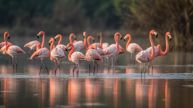 A flock of flamingos are standing in the water.