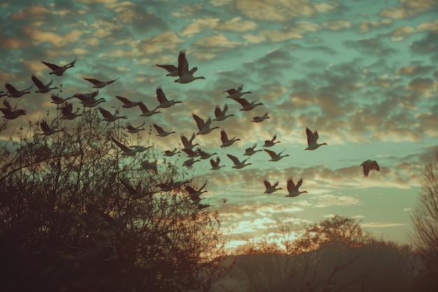 Photo a flock of geese migrating south flying gracefully in the evening sky at sunset flocks of geese flying south for the winter