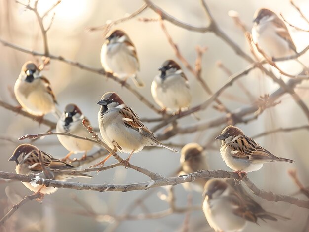 Photo a flock of graceful sparrows perched on a bare tree branch in the serene countryside