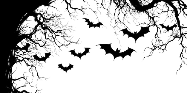 Photo flock of horror black bats and tree isolated on white halloween background halloween symbol