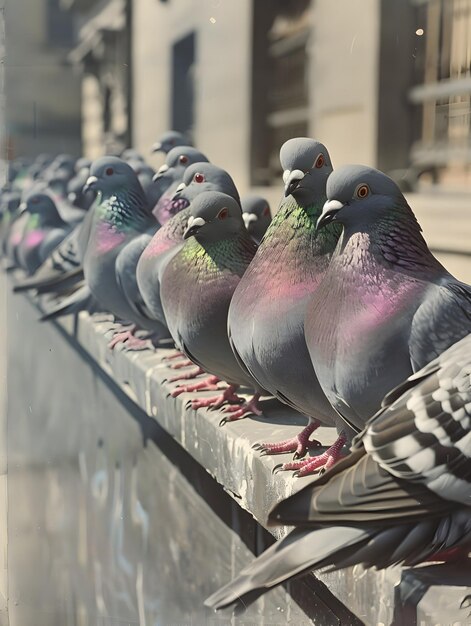 Photo flock of iridescent pigeons perching on a city ledge with curious expressions