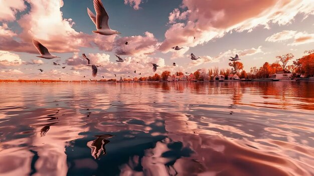 A flock of migratory birds flying over a picturesque lake at sunset