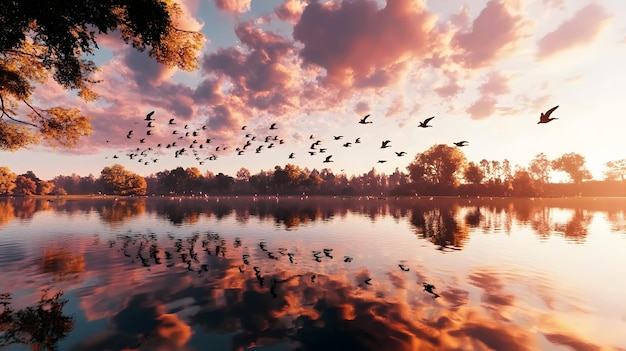 A flock of migratory birds flying over a picturesque lake at sunset