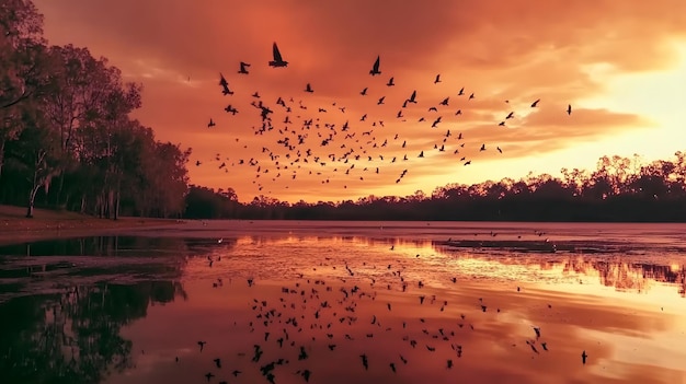 A flock of migratory birds flying over a picturesque lake at sunset