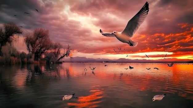 A flock of migratory birds flying over a picturesque lake at sunset