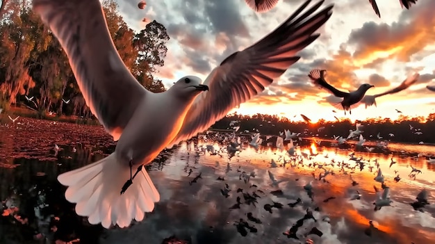 A flock of migratory birds flying over a picturesque lake at sunset