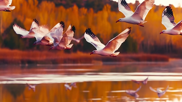 A flock of migratory birds flying over a picturesque lake at sunset