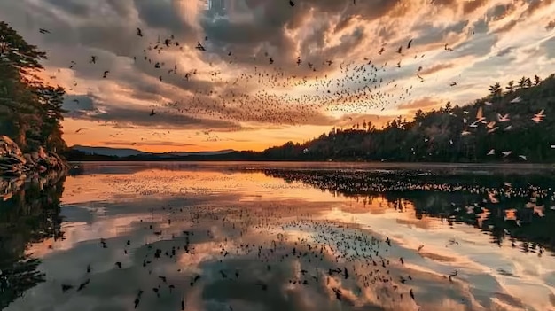 A flock of migratory birds flying over a picturesque lake at sunset