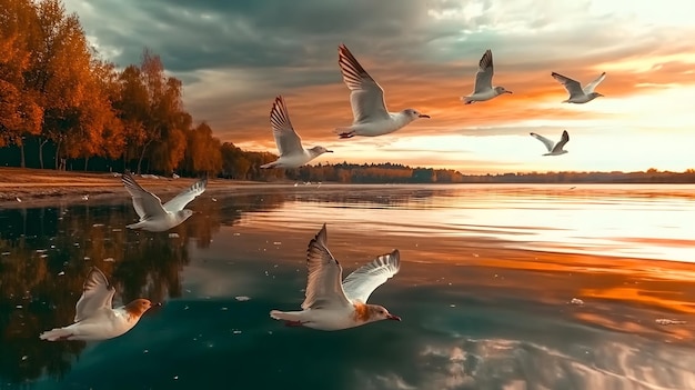 A flock of migratory birds flying over a picturesque lake at sunset