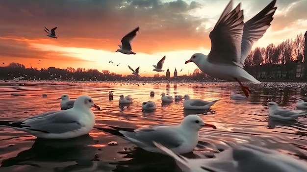 A flock of migratory birds flying over a picturesque lake at sunset