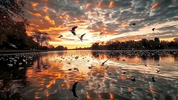 A flock of migratory birds flying over a picturesque lake at sunset