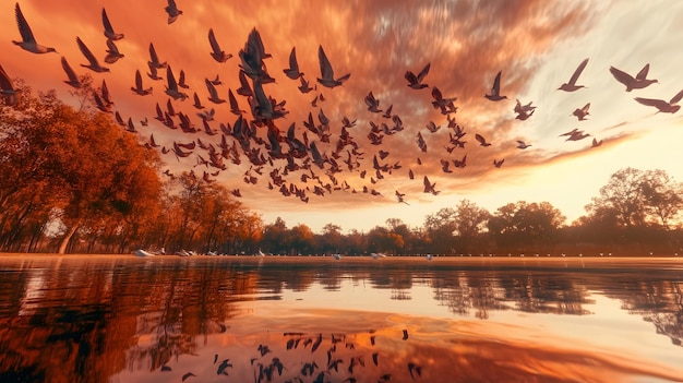 A flock of migratory birds flying over a picturesque lake at sunset