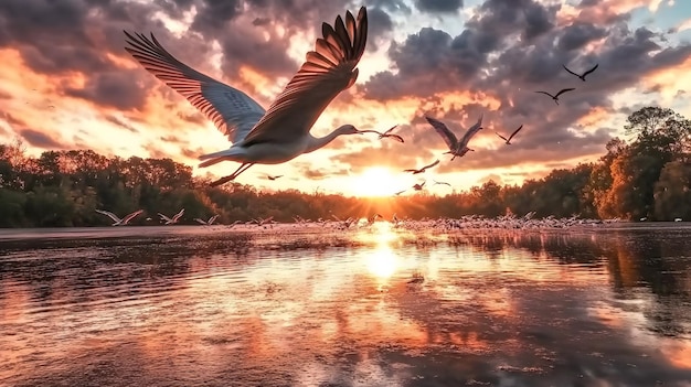 A flock of migratory birds flying over a picturesque lake at sunset