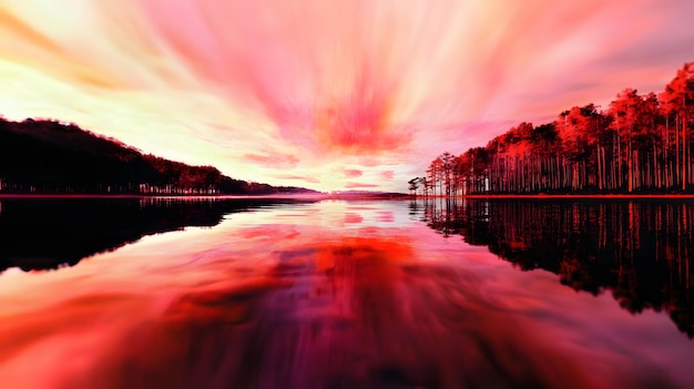 Photo a flock of migratory birds flying over a picturesque lake at sunset