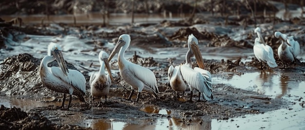 Photo a flock of pelicans wade through a murky shallow wetland their white plumage contrasting with the dark muddy surroundings