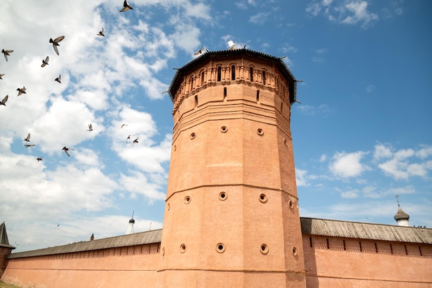 Flock of pigeons circling over brick stone tower