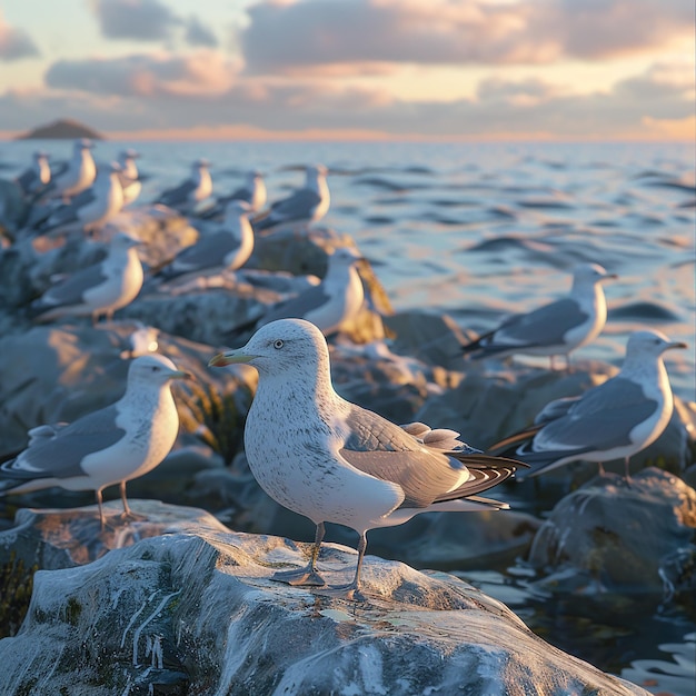 Photo a flock of seagulls are on a rock in the ocean