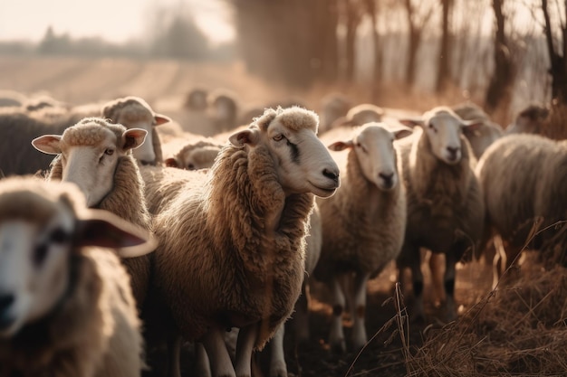 Flock of sheep farm animals Generative AI