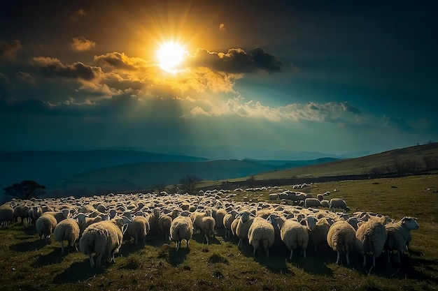 a flock of sheep in a field with the sun setting behind them