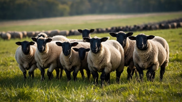 Flock of sheep grazing in a field during golden hour