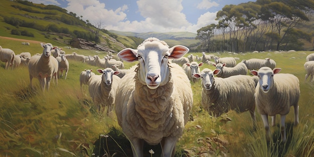 A flock of sheep grazing in a field livestock sheep with white wool illustration AI generation