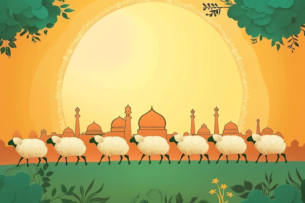 Flock of sheep illustration Arabic Eid Mubarak Background