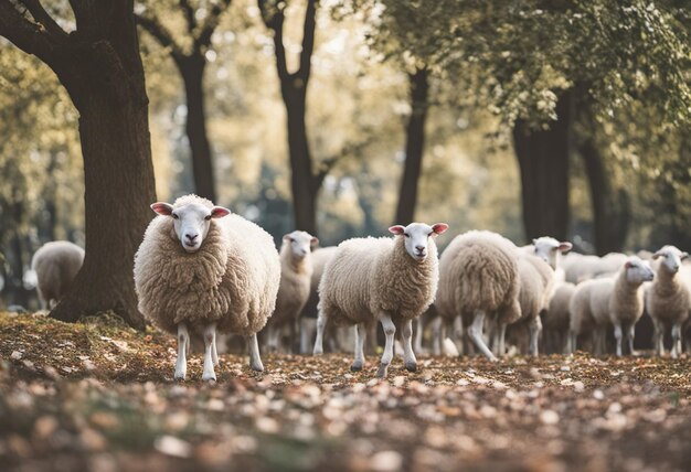 Flock of sheep in a row on a meadow in autumn