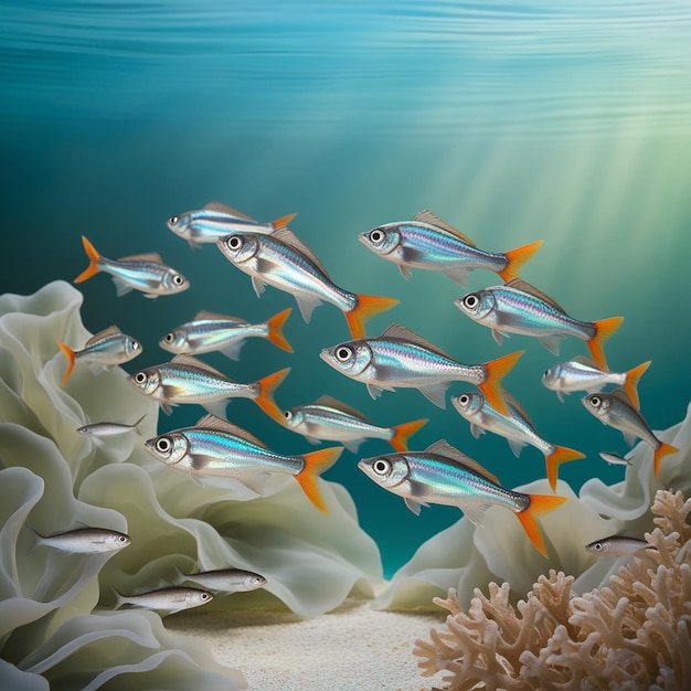 Flock of small fish underwater freshwater bleak fish anchovy seascape