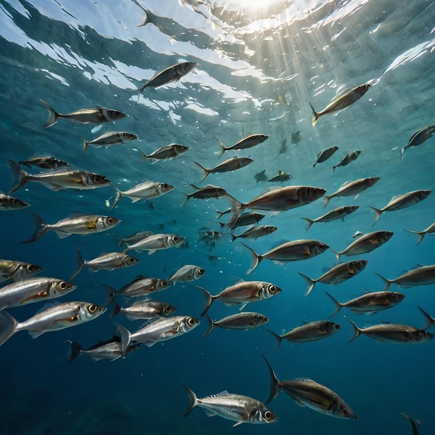 Photo flock of small fish underwater freshwater bleak fish anchovy seascape