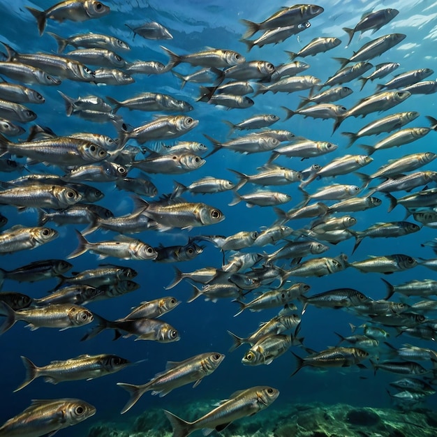 Photo flock of small fish underwater freshwater bleak fish anchovy seascape