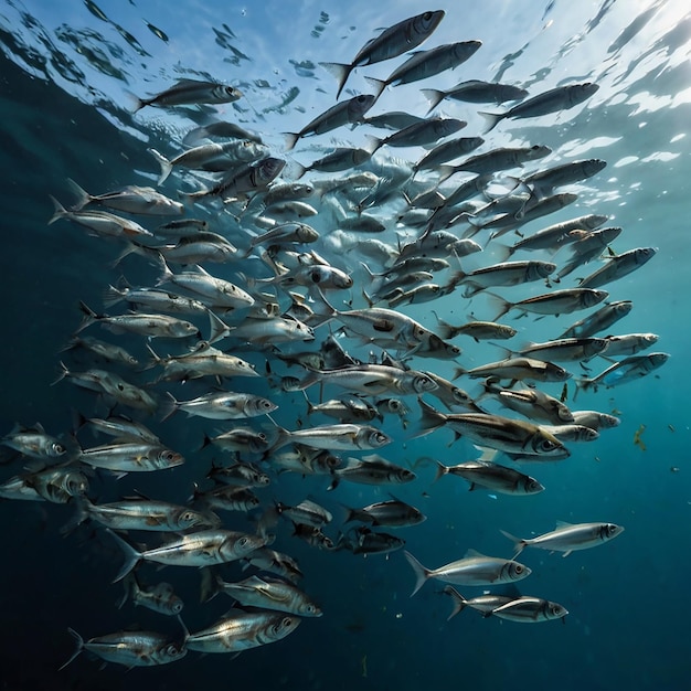 Photo flock of small fish underwater freshwater bleak fish anchovy seascape