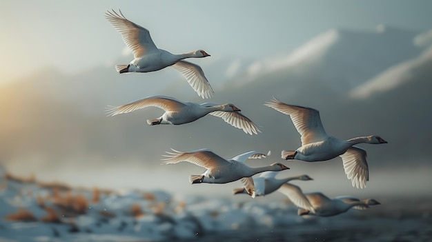 Photo a flock of swans flying towards the sun