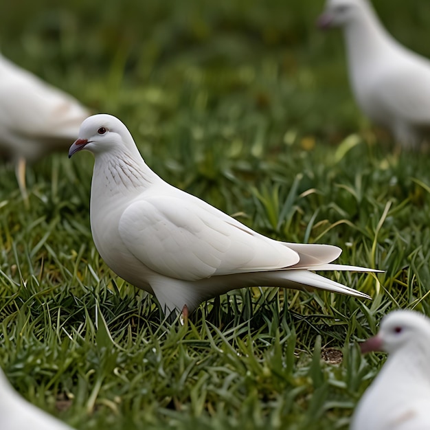 Photo a flock of white birds are standing in the grass