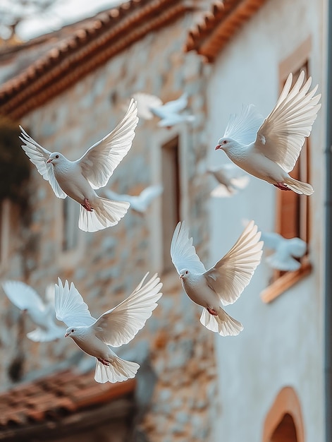 Photo a flock of white birds flying in front of a building