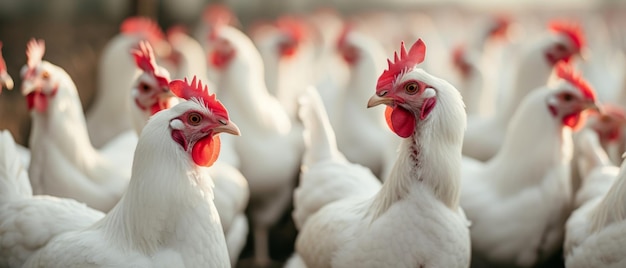 A flock of white chickens with vibrant red combs stand attentively in a farmyard embodying rural life