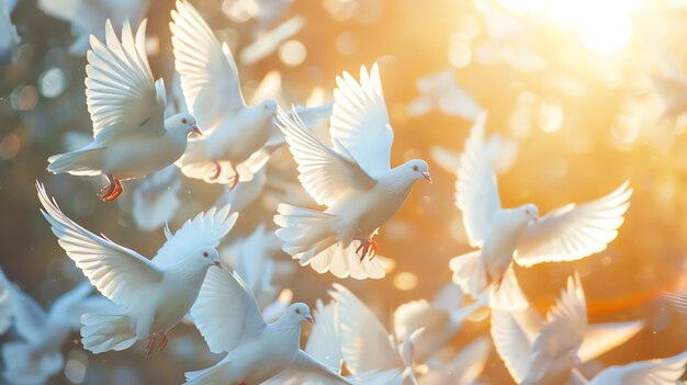 Photo a flock of white doves flying against a bright golden sunset