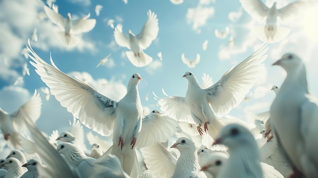 Photo a flock of white doves taking flight