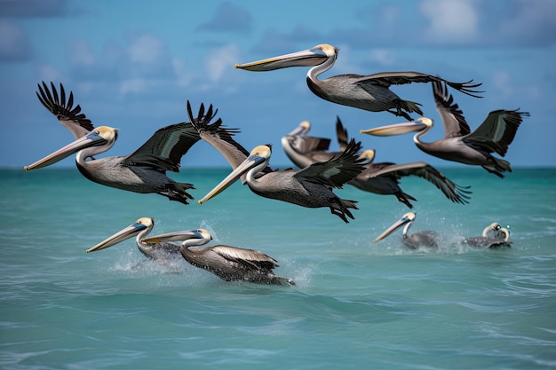 Flocks of brown pelicans diving for fish generative IA