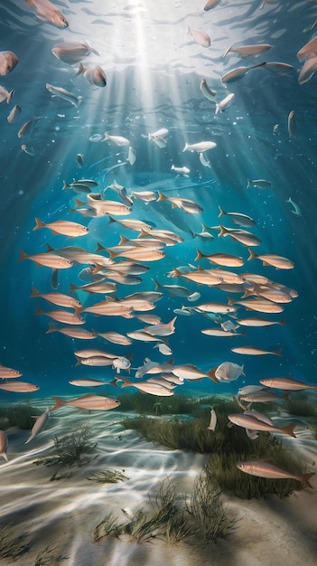 Photo flocks of fish swim in groups the underwater circle is shining down lots of tilapia swim in groups