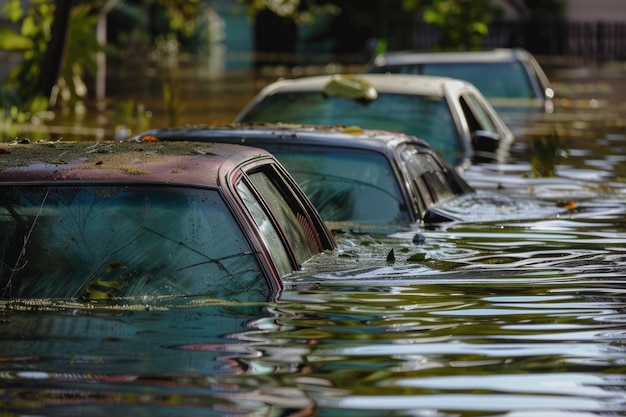 Photo flood city cars submerged in houston texas during hurricane harvey water damage and insurance