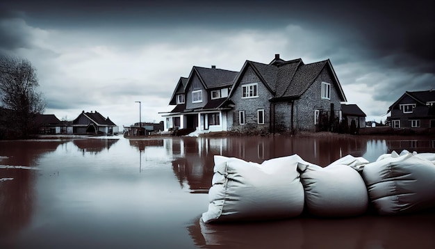 Flood Protection Sandbags with a city in the background with Generative AI Technology