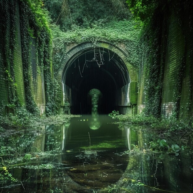 A Flooded and Abandoned Tunnel Covered with Foliage