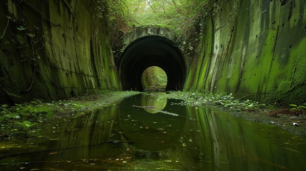 A Flooded and Abandoned Tunnel Covered with Foliage