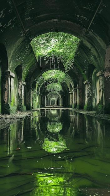 A Flooded and Abandoned Tunnel Covered with Foliage