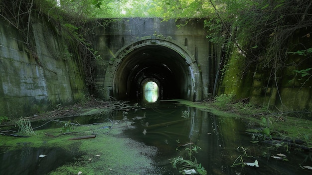 A Flooded and Abandoned Tunnel Covered with Foliage