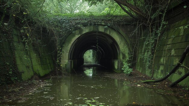 A Flooded and Abandoned Tunnel Covered with Foliage