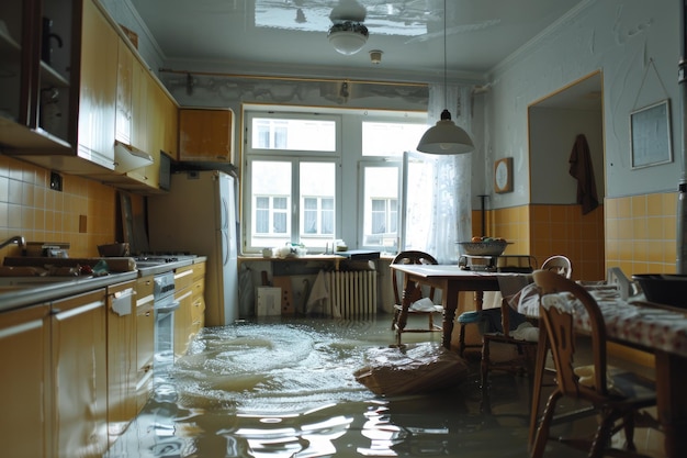 Photo flooded apartment pipe leak causes major water flooding in basement